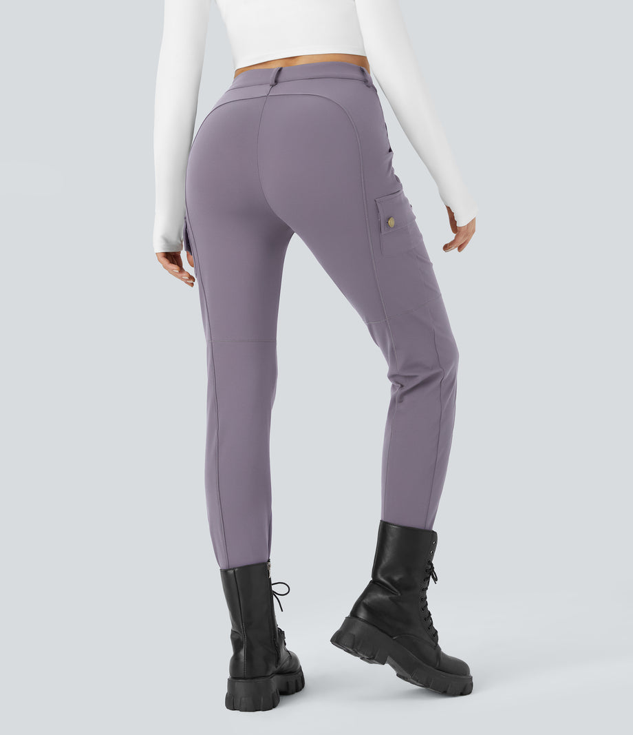 DayStretch High Waisted Zipper Pockets Solid Skinny Cargo Pants - Purple Ash