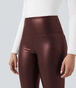 High Waisted Tummy Control Stretchy PU Fleece 7/8 Skinny Casual Leggings with Pockets - Andorra