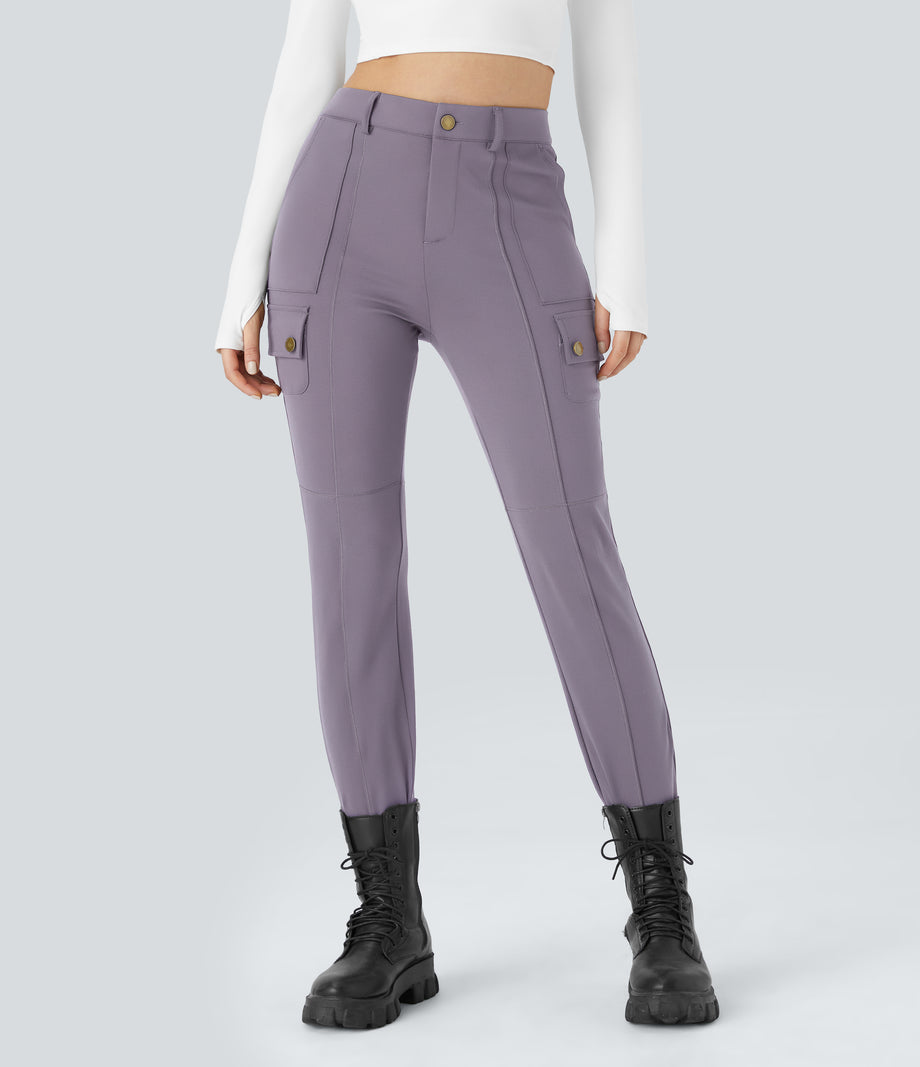DayStretch High Waisted Zipper Pockets Solid Skinny Cargo Pants - Purple Ash