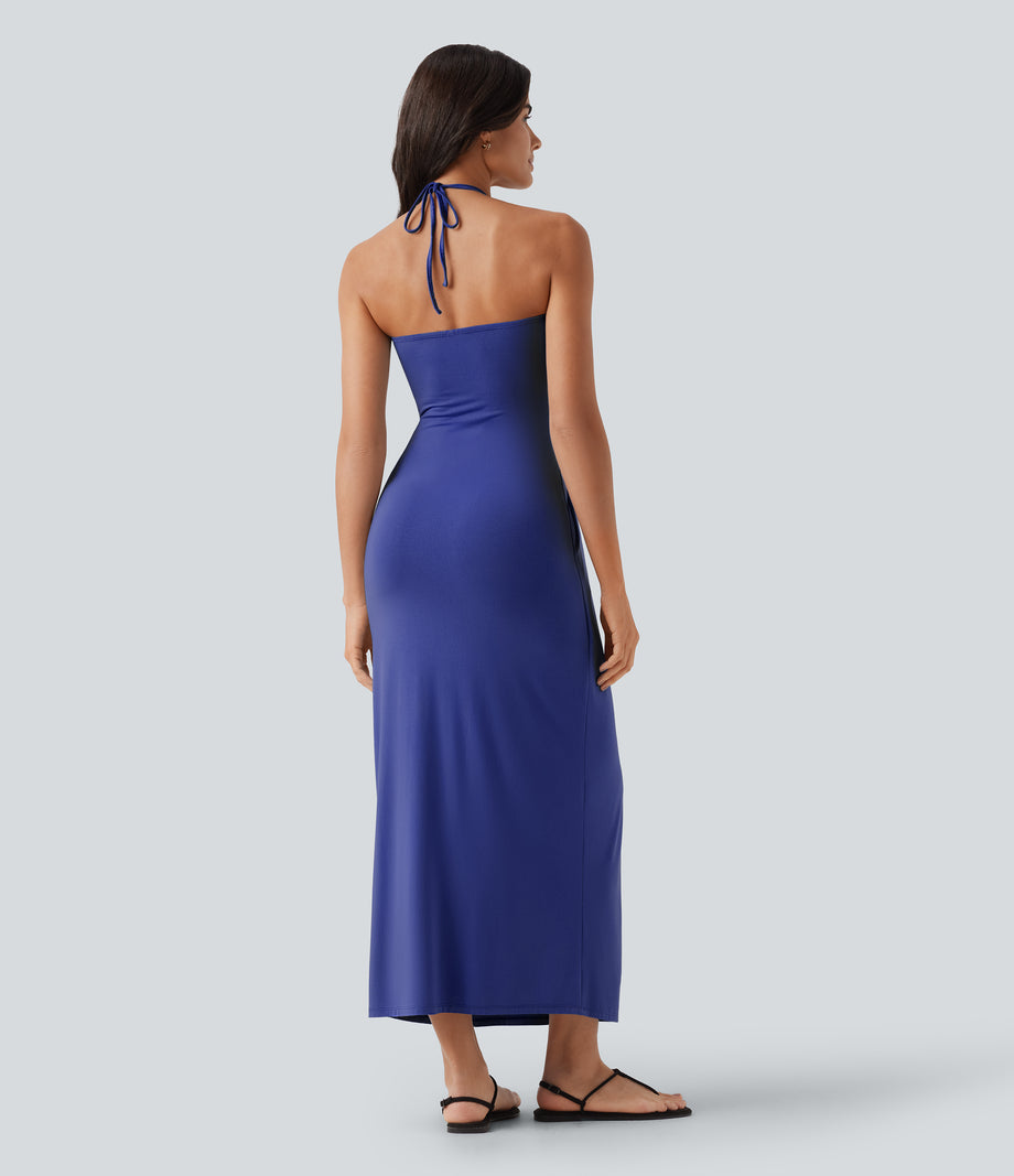 Halter Tie Back Maxi Dress with Pockets - Orchid Purple