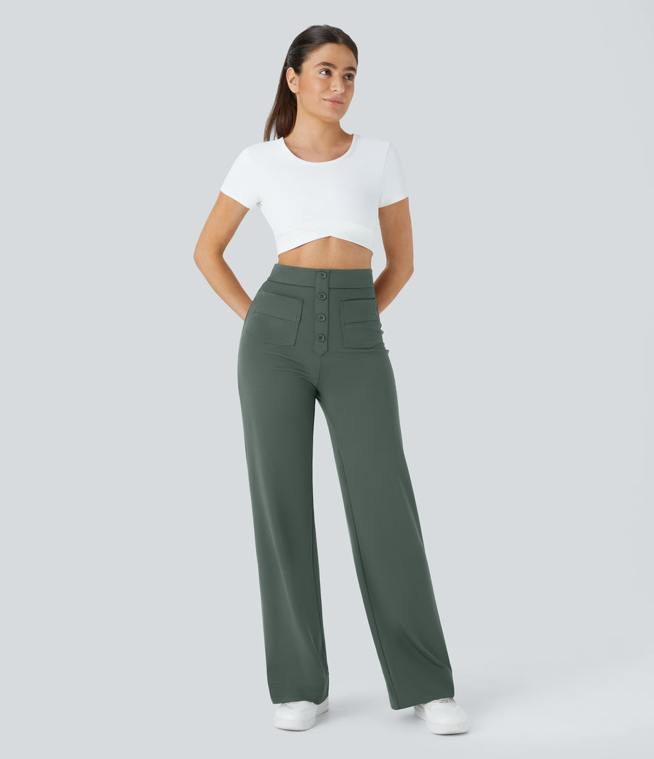 DayStretch High Waisted Pockets Straight Leg Casual Pants - Deep Aquamarine
