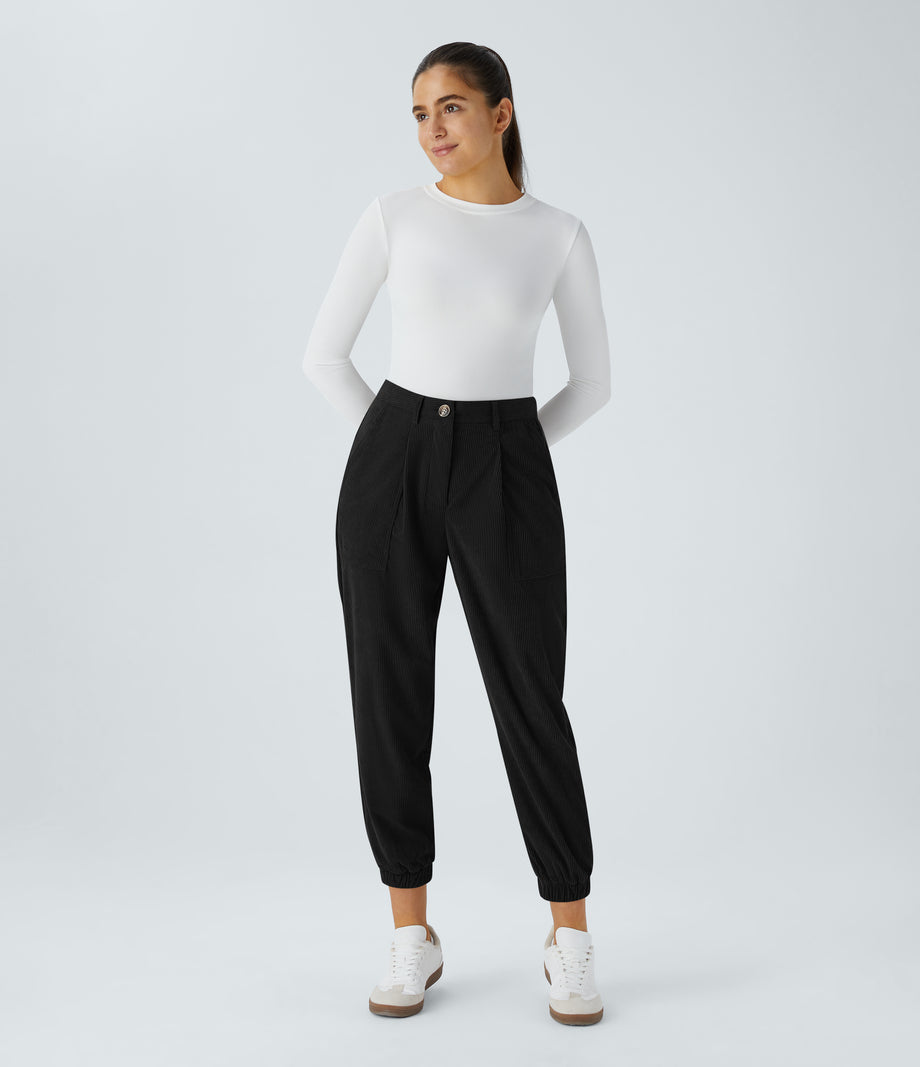 Mid Rise Zipper Pockets Corduroy Casual Joggers - Black