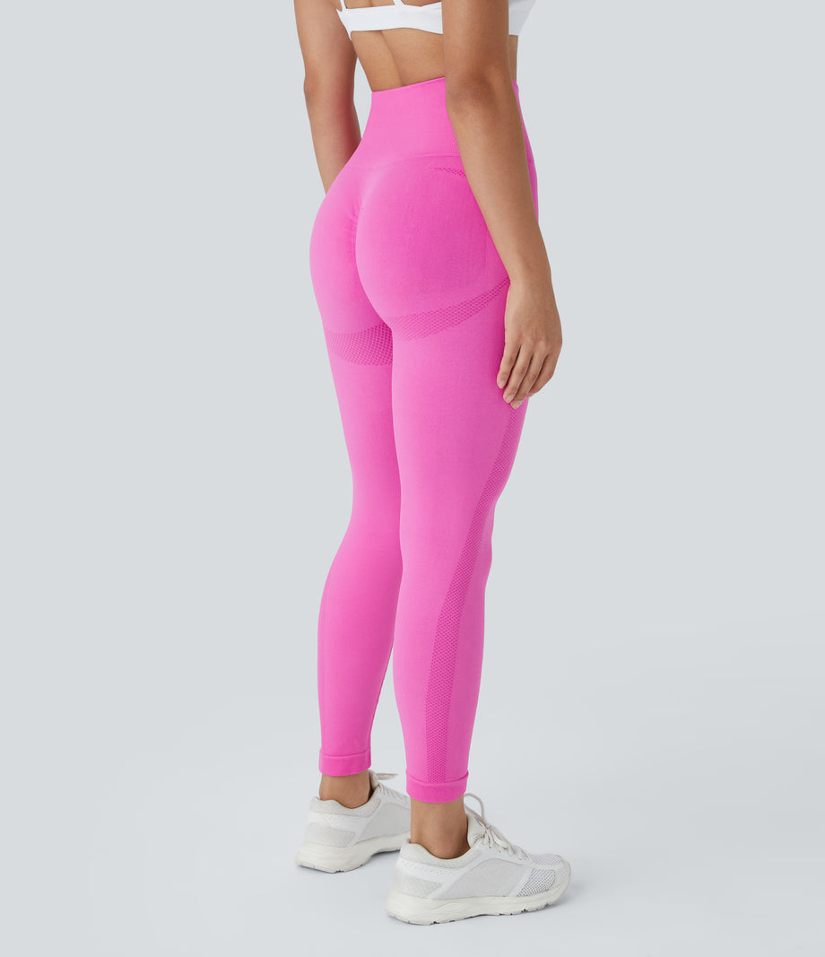 OneForm Seamless Flow High Waisted Ruched 7/8 Yoga Leggings - Fuchsia Fedora