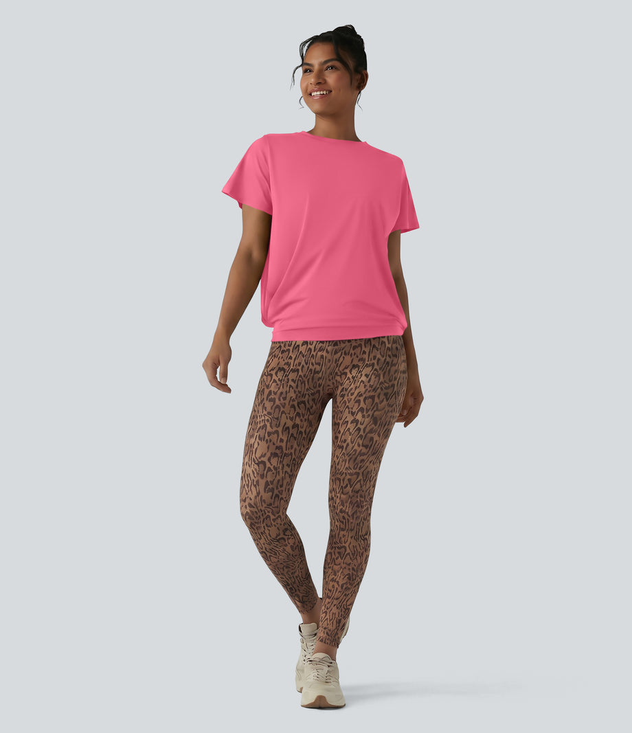 Round Neck Short Sleeve Ruched Cool Touch Yoga Sports Top-UPF50+ - Pink Lemonade