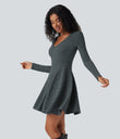 Ribbed Knit V Neck Long Sleeve Flare Mini Casual Dress with Pockets - Mottled Grey Blue