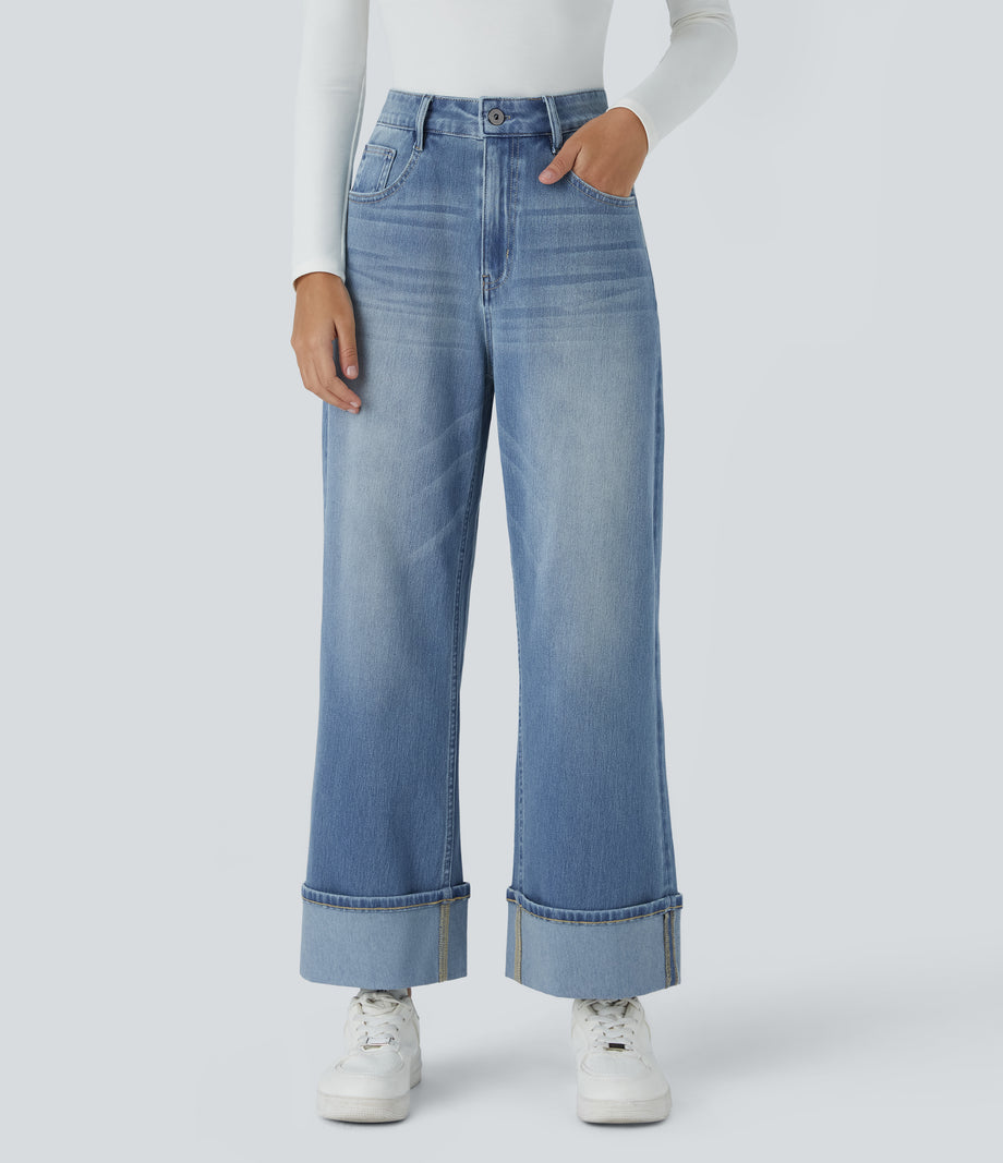 Halara Flex™ High Waisted Pockets Rolled Hem Wide Leg Washed Casual Jeans - Sea Blue Denim