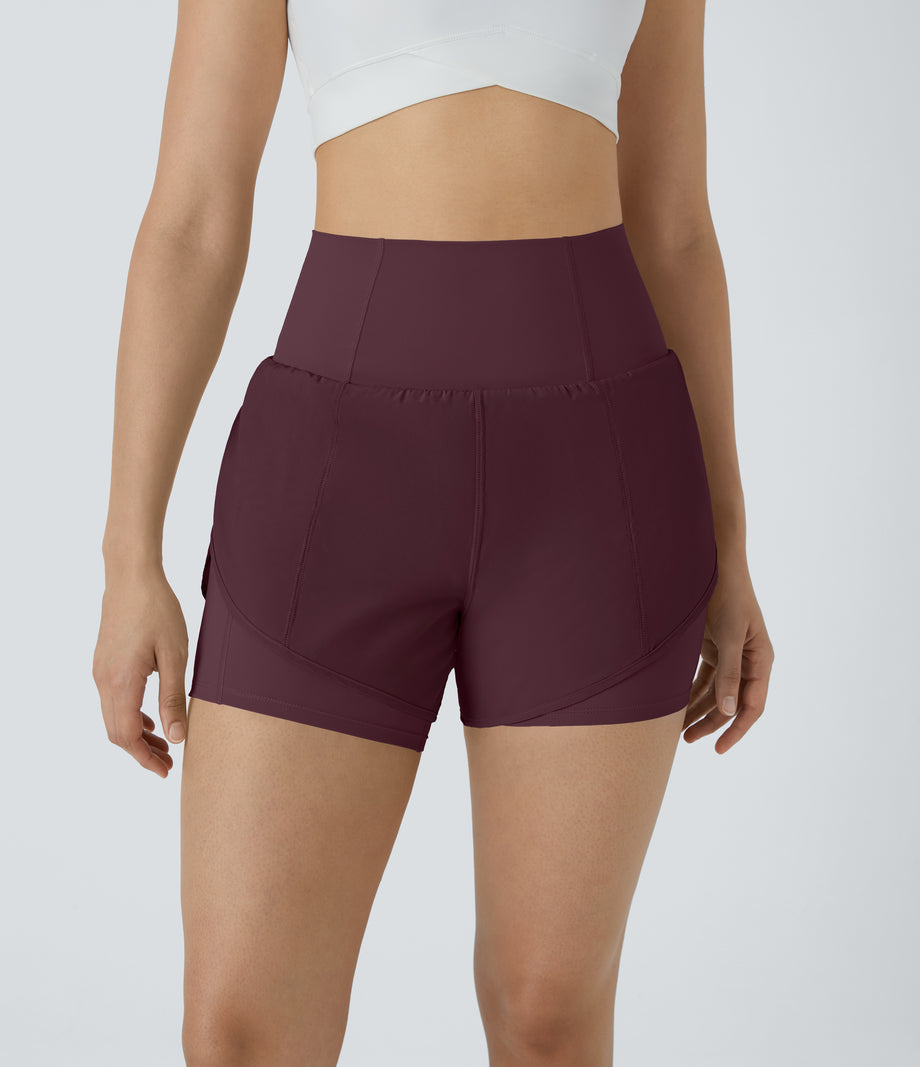 Breezeful™ Super High Waisted Curved Hem 2-in-1 Pocket Quick Dry Yoga Shorts 3.5'' - Berry Red