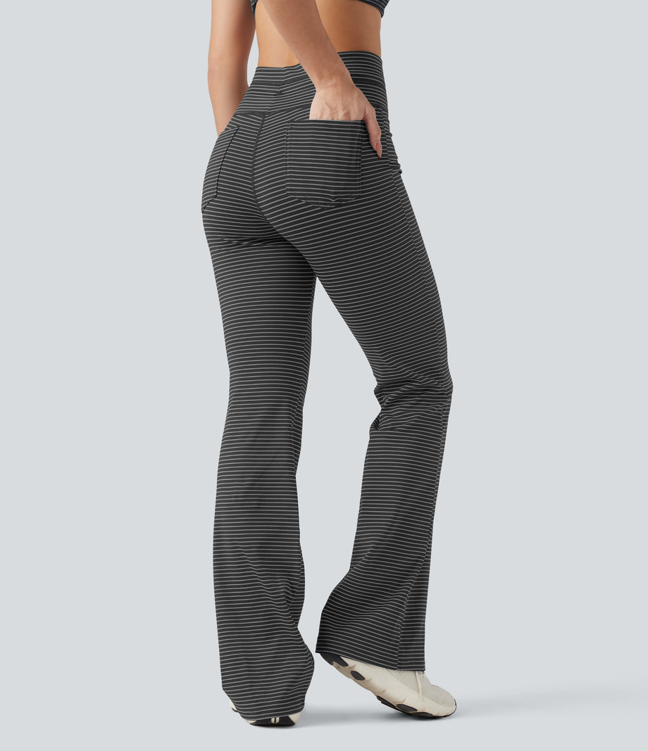 High Waisted Drawstring Stripe Flare Yoga Pants with Pockets - Iron Gray