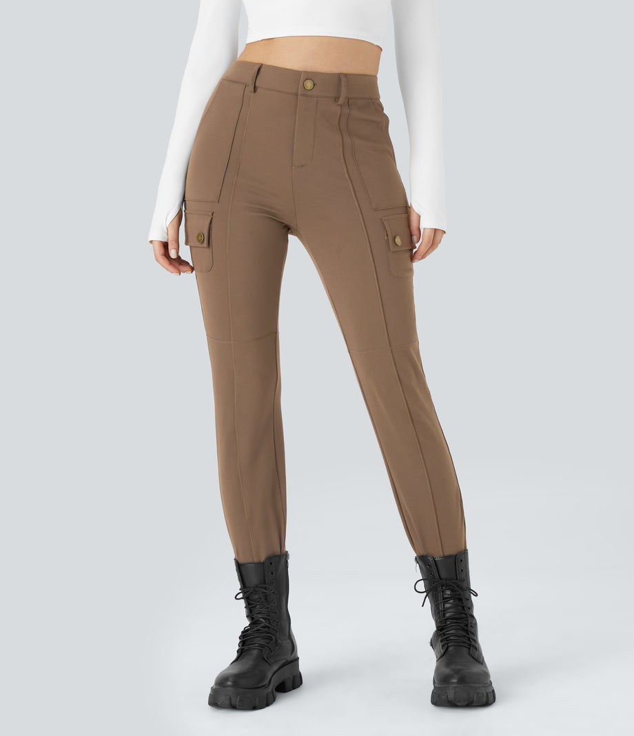 DayStretch High Waisted Zipper Pockets Solid Skinny Cargo Pants - Burro