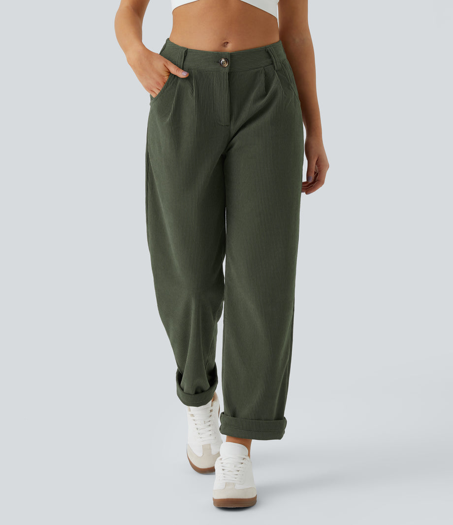 Mid Rise Zipper Pocket Corduroy Casual Pants - Rifle Green