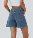Halara Flex™ Crossover High Waisted Pockets Wide Leg A Line Washed Denim Casual Shorts - Blue Surf Denim