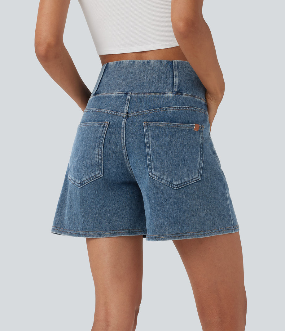 Halara Flex™ Crossover High Waisted Pockets Wide Leg A Line Washed Denim Casual Shorts - Blue Surf Denim