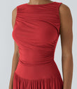 Ribbed Boat Neck Asymmetric Strap Ruched Pocket Flowy Maxi Casual Dress - Rubicondo