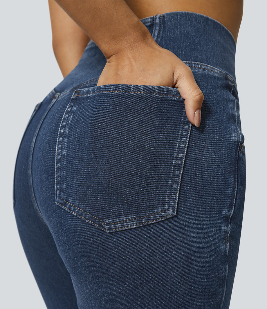 Halara Flex™ High Waisted Crossover Pocket Washed Casual Jeans - Washed Denim Navy Blue
