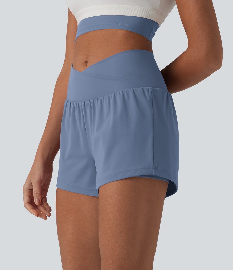 SoftlyZero™ Airy Crossover High Waisted 2-in-1 Cool Touch Yoga Shorts 3'' with Pockets - Infinity