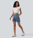 Halara Flex™ Crossover High Waisted Pockets Wide Leg A Line Washed Denim Casual Shorts - Blue Surf Denim