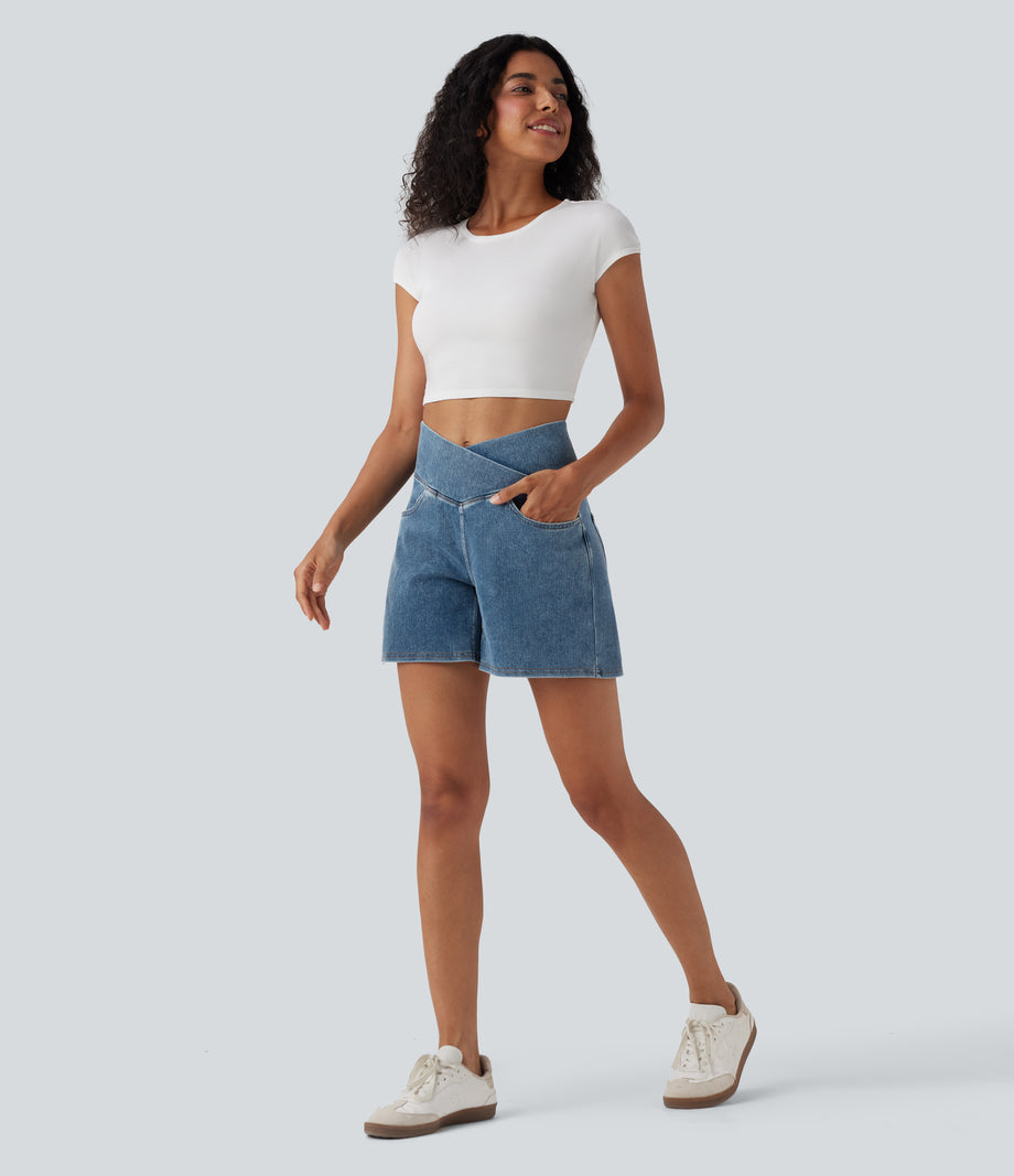 Halara Flex™ Crossover High Waisted Pockets Wide Leg A Line Washed Denim Casual Shorts - Blue Surf Denim