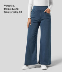 Halara Flex™ High Waisted Pockets Wide Leg Loose Work Jeans - Washed Denim Bleached Blue