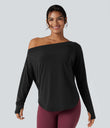 One Shoulder Long Sleeve Thumb Hole Curved Hem High Low Quick Dry Yoga Sports Top-Built-in Bra - Black