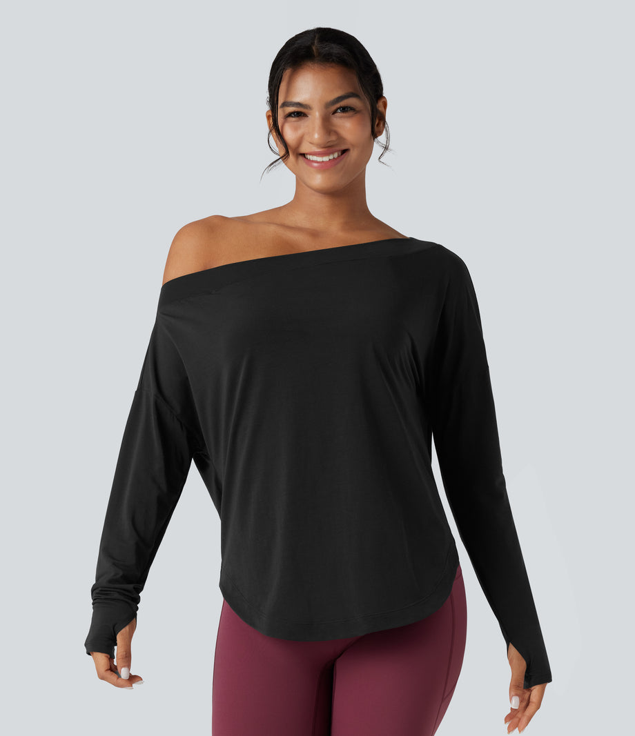One Shoulder Long Sleeve Thumb Hole Curved Hem High Low Quick Dry Yoga Sports Top-Built-in Bra - Black