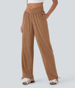 Crossover High Waisted Pocket Drawstring Casual Joggers - Pumpkin Orange Floral Yarn