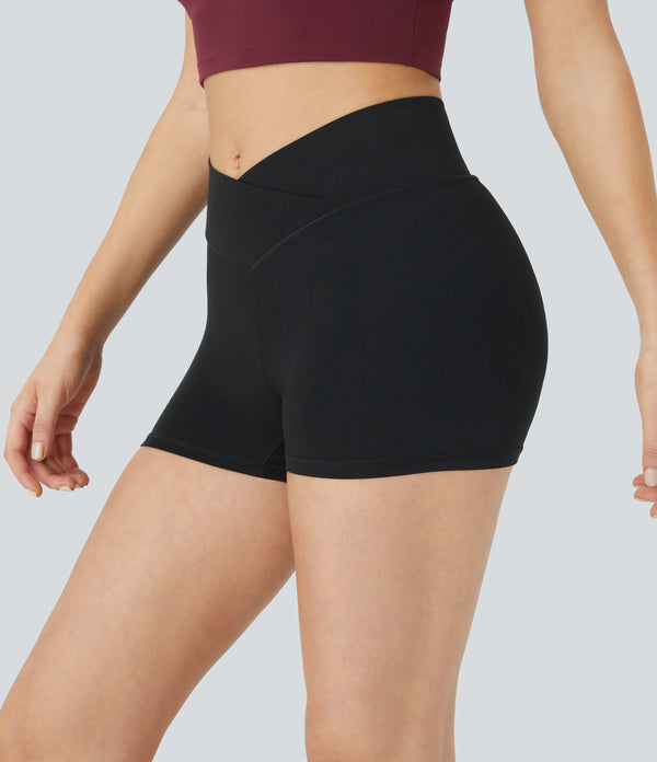 SoftlyZero™ High Waisted Crossover Plain Yoga Biker Shorts 3''-UPF50+ - Black