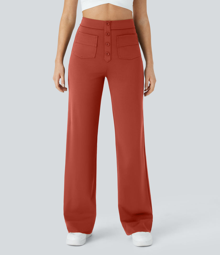 DayStretch High Waisted Pockets Straight Leg Casual Pants - Cinnabar