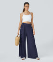 Breezeful™ High Waisted Shirred Tie Front & Back Wide Leg Flowy Quick Dry Casual Pants - Black Diamond Blue