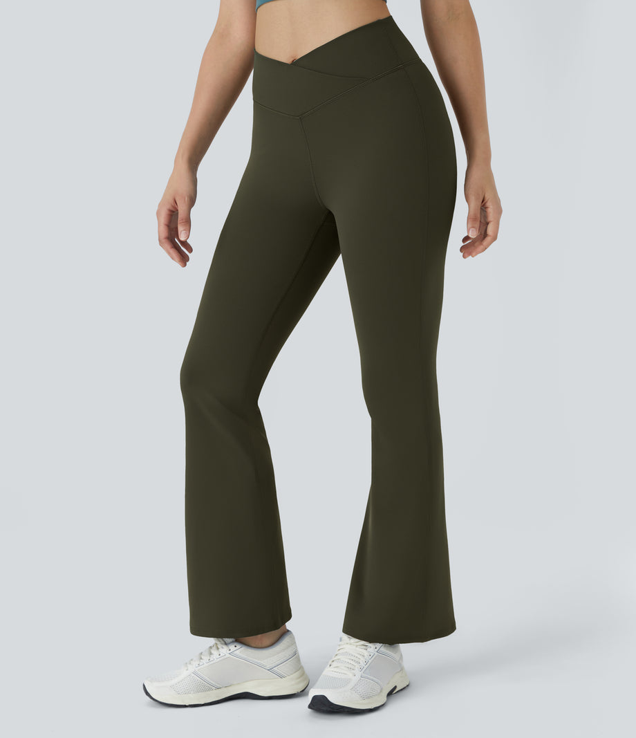 DayStretch High Waisted Crossover Flare Yoga Leggings - Forest Night