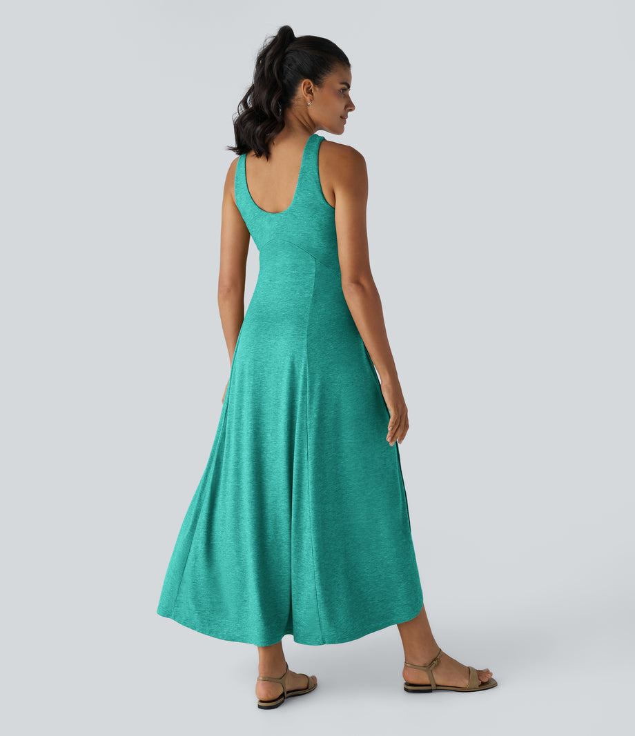 U Neck Flowy Maxi Casual Tank Dress - Reef Mint Green