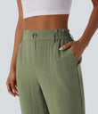 High Waisted Zipper Pocket Cropped Linen-Feel Pants - Catkin Green