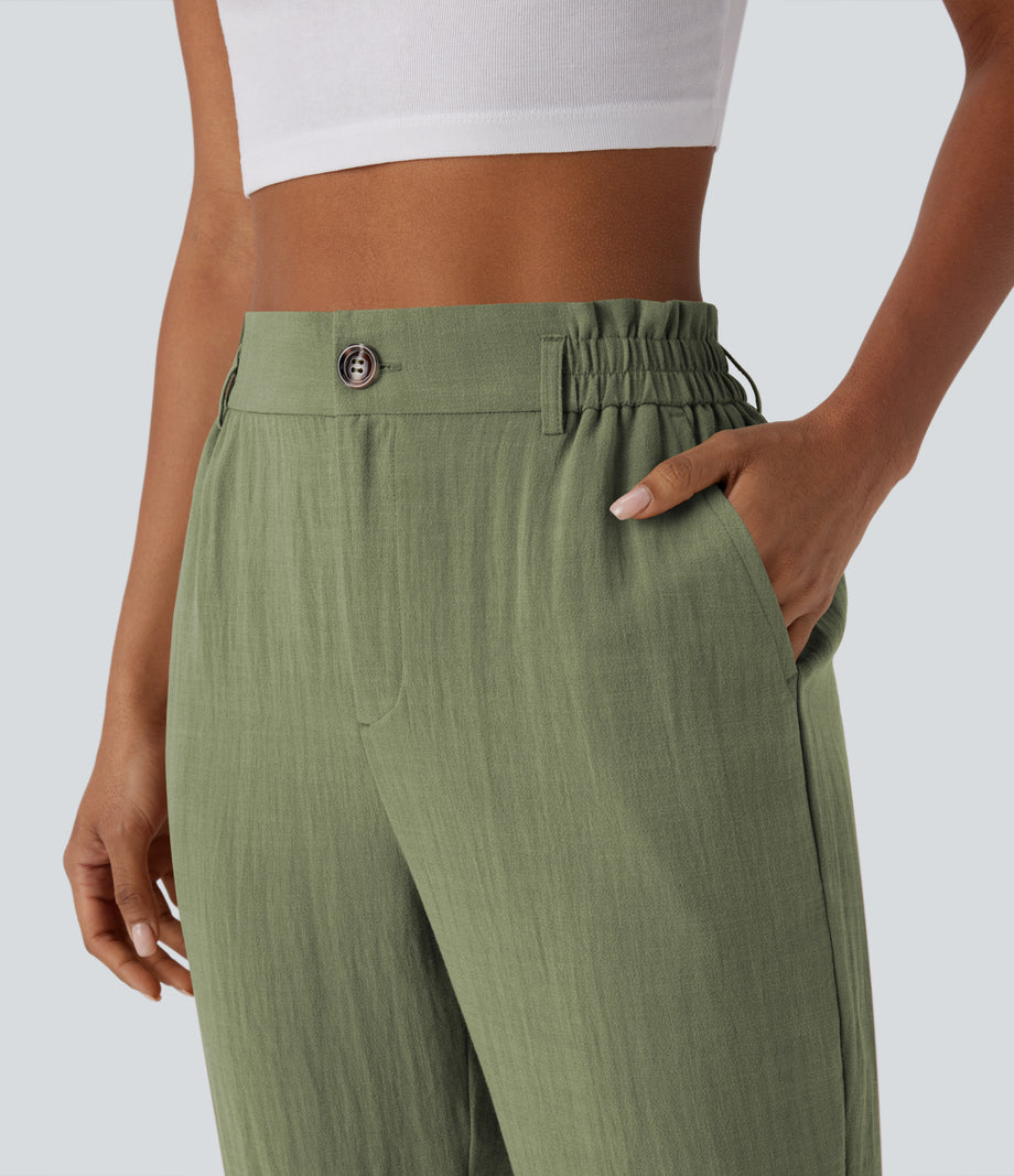 High Waisted Zipper Pocket Cropped Linen-Feel Pants - Catkin Green