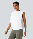 Round Neck Ruched Cool Touch Yoga Tank Top-UPF50+ - White