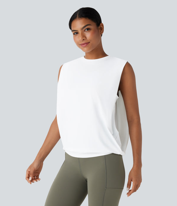Round Neck Ruched Cool Touch Yoga Tank Top-UPF50+ - White