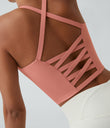Crisscross Backless Built-in Bra Cropped Running Tank Top A-D Cups - Blooming Dahlia