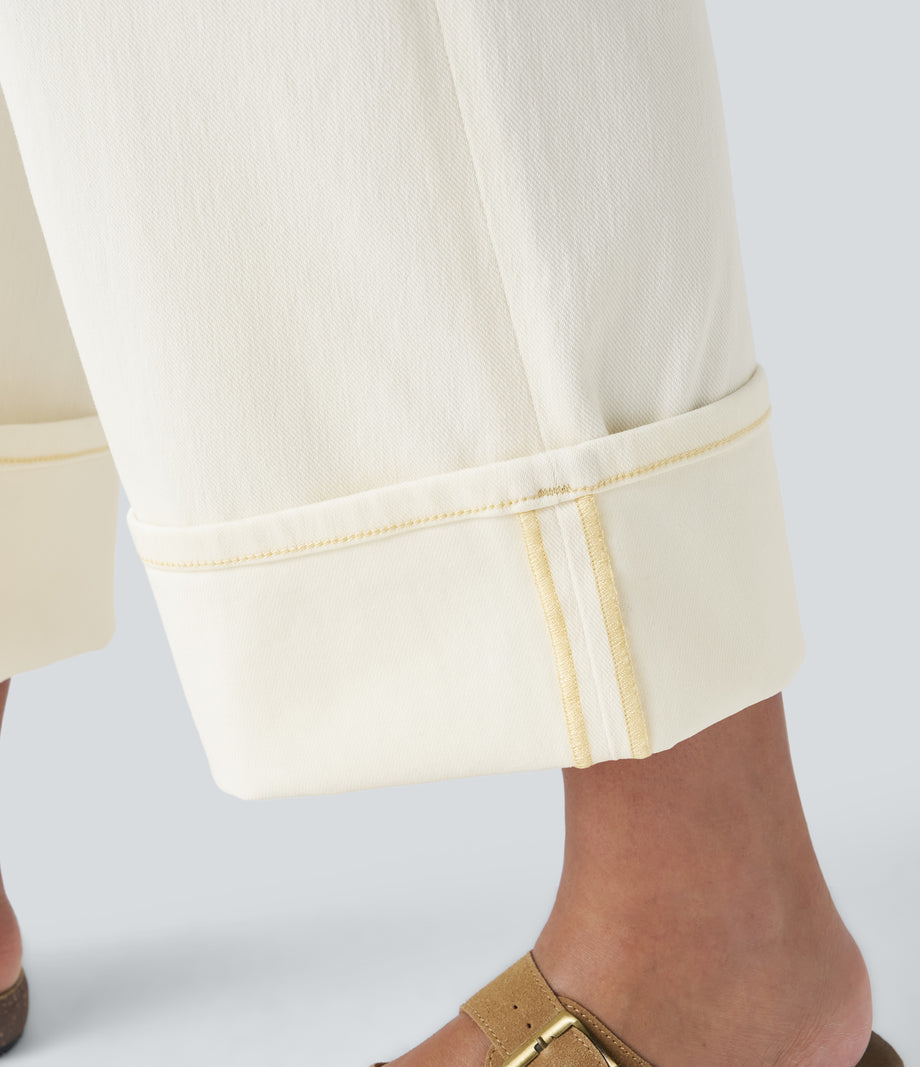 Halara Flex™ High Waisted Pockets Rolled Hem Wide Leg Washed Casual Jeans - Beige Denim