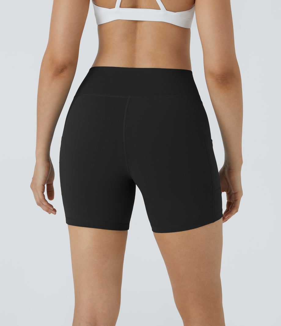 High Waisted Pocket Running Biker Shorts - Black