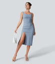 SoftlyZero™ Airy Square Neck Backless Corset Ruched Split Bodycon Midi Cool Touch Bridesmaid and Wedding Guest Dress - Snowflake Blue