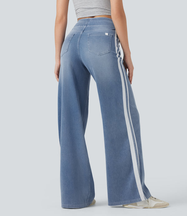Halara Flex™ High Waisted Stripe Wide Leg Flowy Washed Casual Jeans with Pockets - Powder Blue Denim