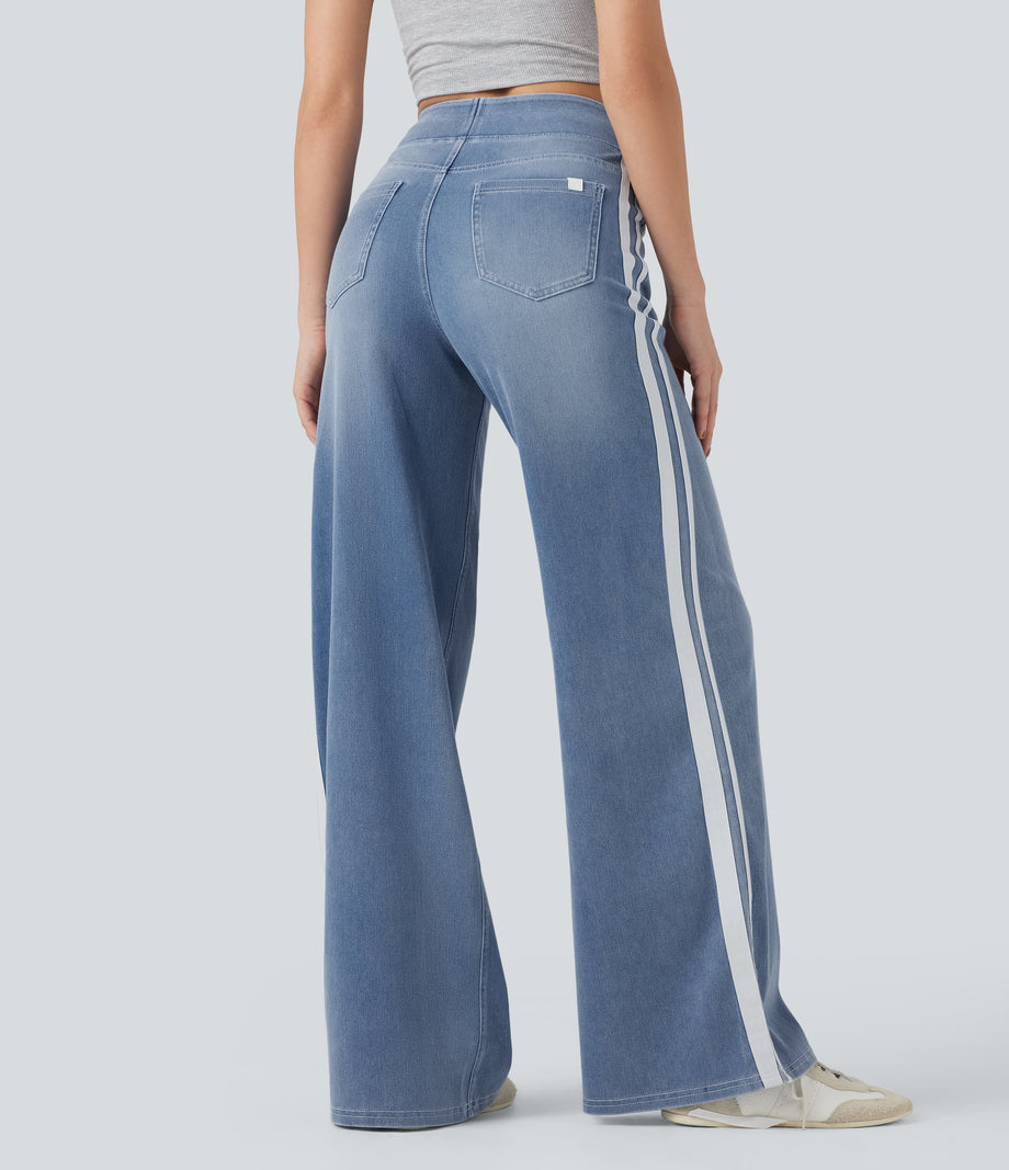 Halara Flex™ High Waisted Stripe Wide Leg Flowy Washed Casual Jeans with Pockets - Powder Blue Denim