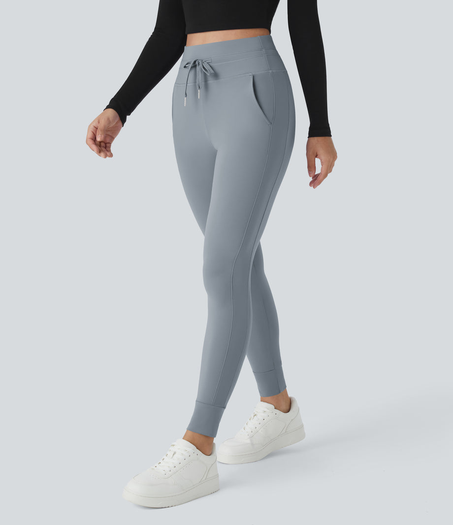 SoftlyZero™ Plush High Waisted Drawstring Pocket Plain Full Length Joggers - Tradewinds