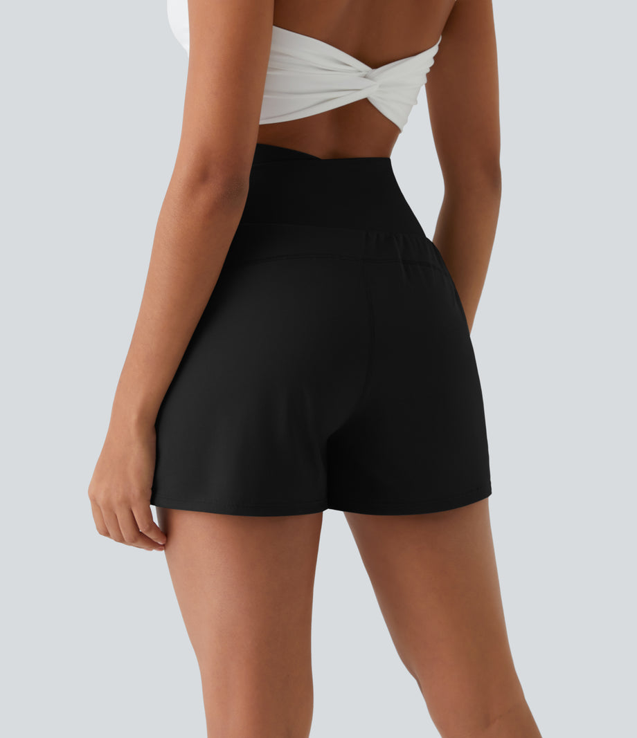 High Waisted Crossover Pocket 2-in-1 Casual Shorts - Black
