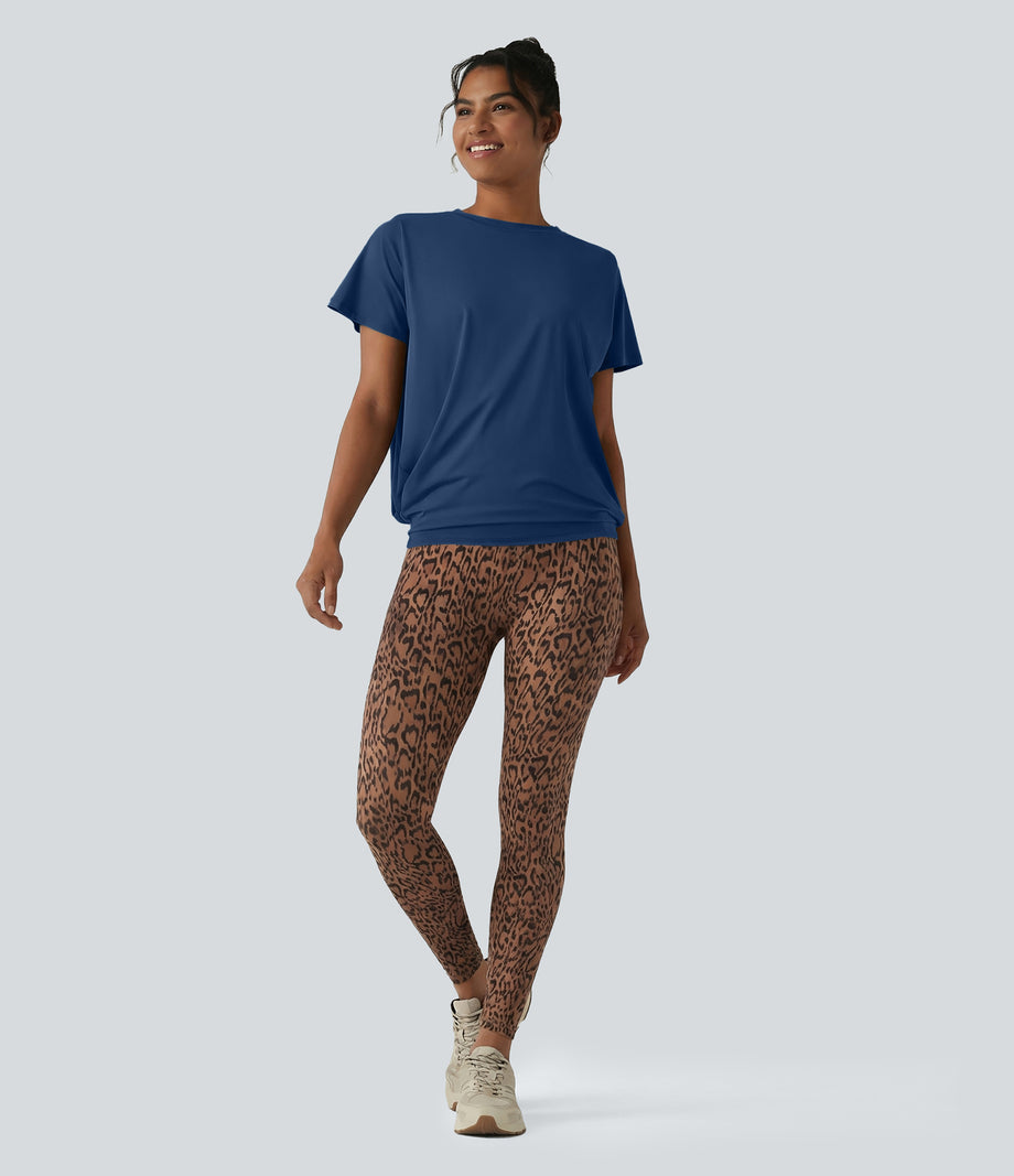 Round Neck Short Sleeve Ruched Cool Touch Yoga Sports Top-UPF50+ - Majolica Blue