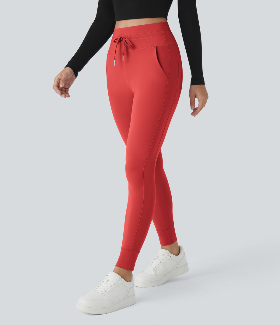 SoftlyZero™ Plush High Waisted Drawstring Pocket Plain Full Length Joggers - Poinsettia