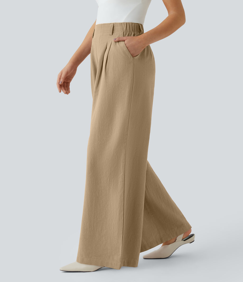 High Waisted Pocket Wide Leg Flowy Solid Palazzo Casual Linen-Feel Pants - Curds & Whey