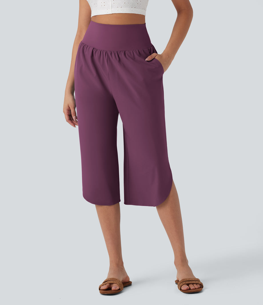 Breezeful™ High Waisted Tummy Control Hem Quick Dry Capri Pants with Pockets - Amaranth