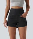 Halara Flex™ High Waisted Tummy Control Curved Hem Skinny Denim Casual Shorts with Pockets - Meteorite Black Denim