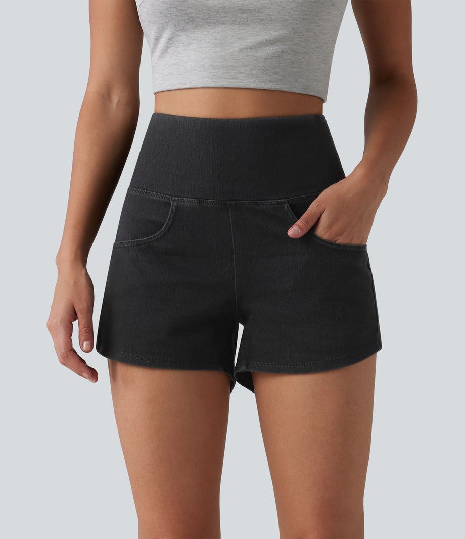 Halara Flex™ High Waisted Tummy Control Curved Hem Skinny Denim Casual Shorts with Pockets - Meteorite Black Denim