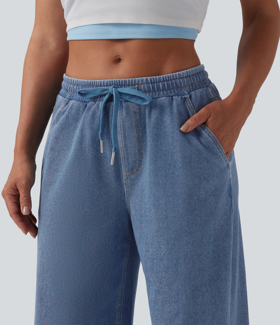 Halara Flex™ Low Rise Drawstring Wide Leg Sparkle Casual Sweatpants Jeans with Pockets - Malibu Blue Denim