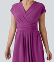 Breezeful™ V Neck Short Sleeve Pocket Tie Back Quick Dry Midi Casual Dress - Purple Wine